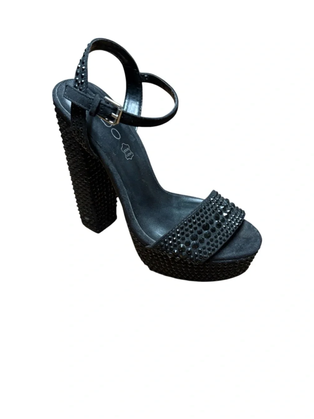 Y2K Aldo Black Mini Rhinestone Studded Platform Ankle-Strap Leather Heels Size 6